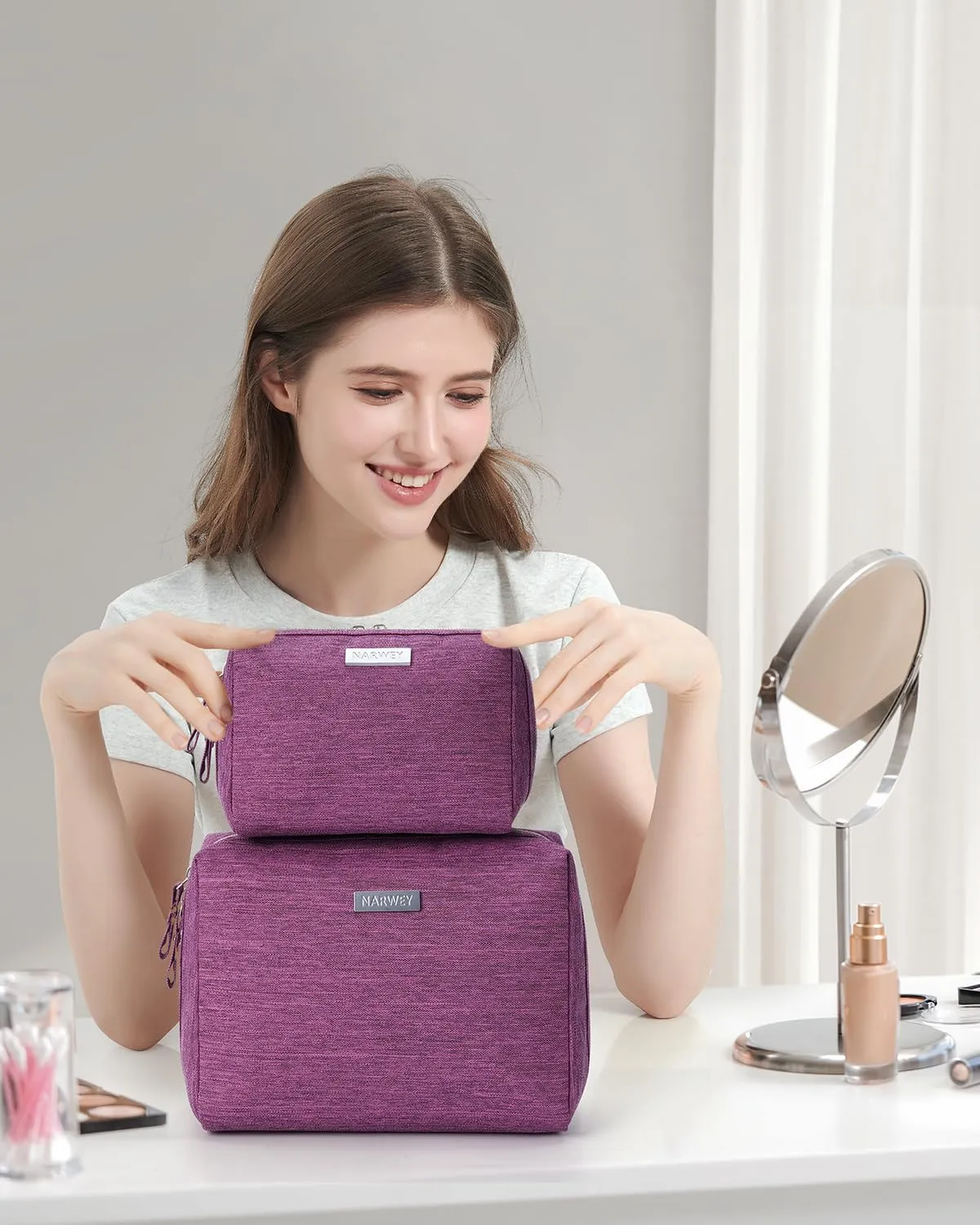 Narwey Small Makeup Bag for Purse Mini Cosmetic Bag Travel Makeup Pouch Zipper Pouch Cute Make up Bags with Compartments for Women (Small, Purple)