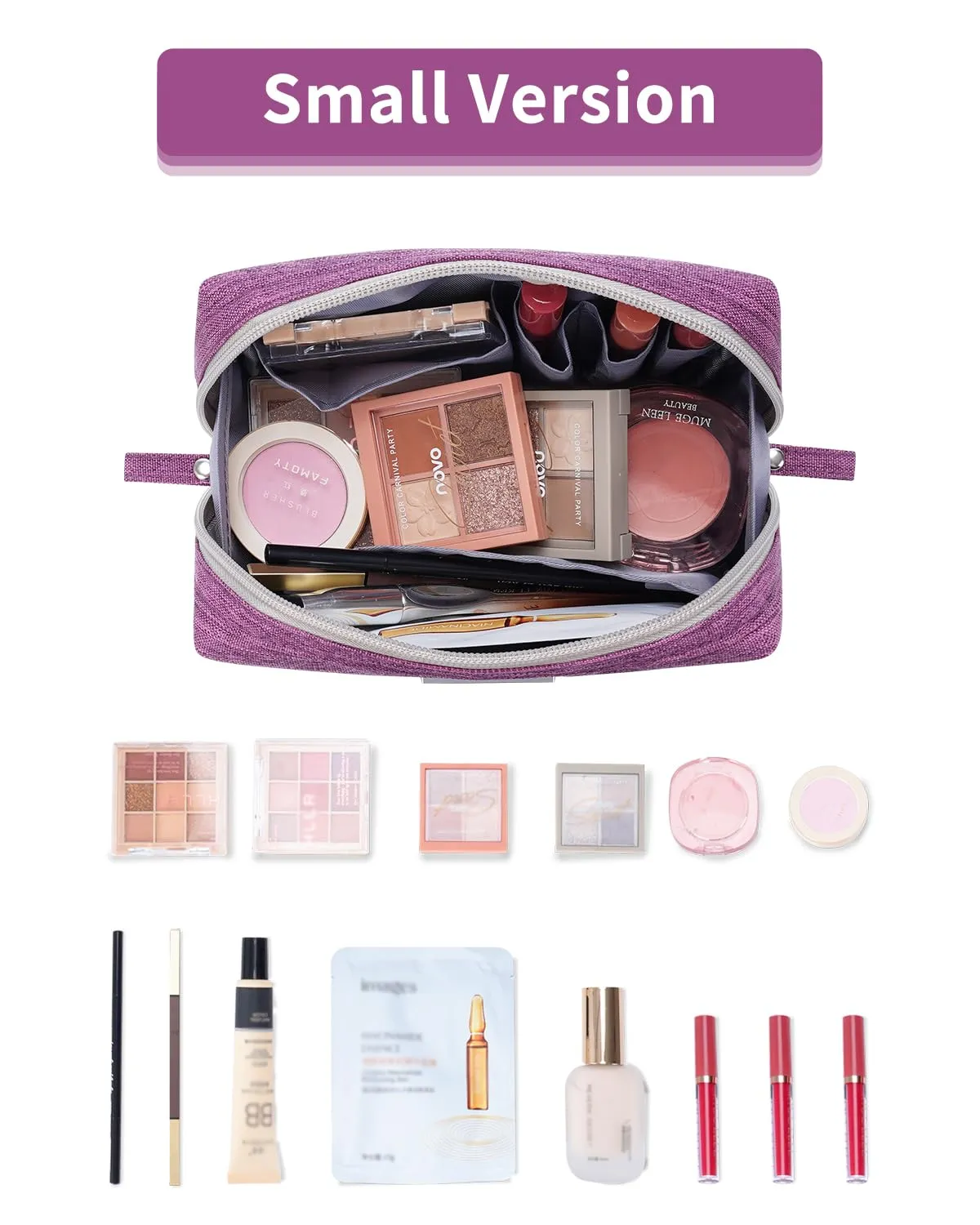 Narwey Small Makeup Bag for Purse Mini Cosmetic Bag Travel Makeup Pouch Zipper Pouch Cute Make up Bags with Compartments for Women (Small, Purple)