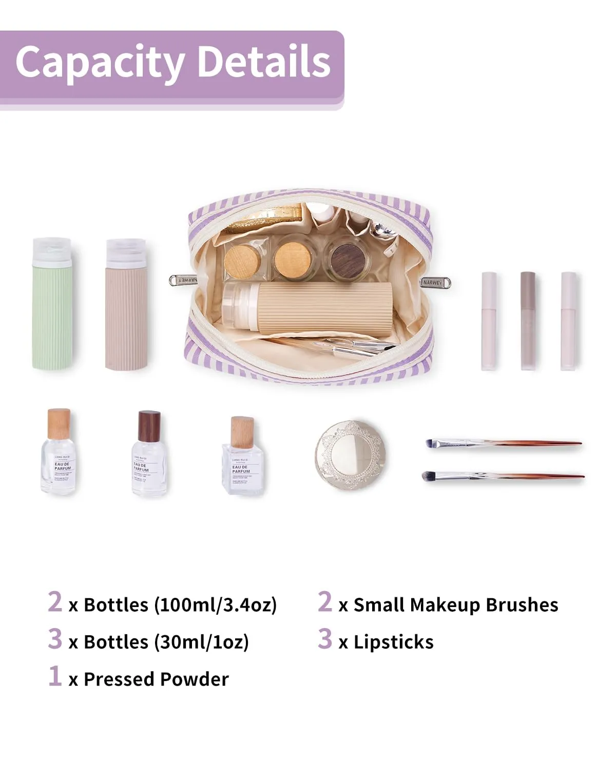 Narwey Small Striped Makeup Bag for Purse Mini Cosmetic Bag Travel Makeup Pouch Zipper Pouch Cute Make up Bags with Compartments for Women Girls (Purple Stripe, Small)