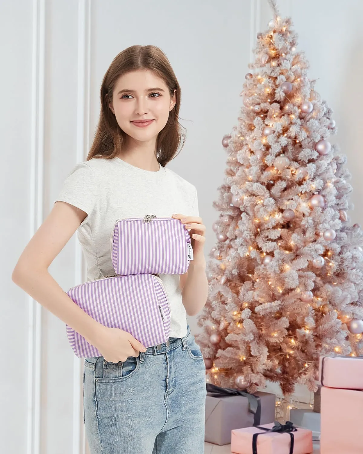 Narwey Small Striped Makeup Bag for Purse Mini Cosmetic Bag Travel Makeup Pouch Zipper Pouch Cute Make up Bags with Compartments for Women Girls (Purple Stripe, Small)