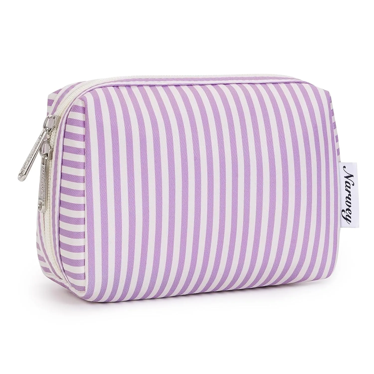 Narwey Small Striped Makeup Bag for Purse Mini Cosmetic Bag Travel Makeup Pouch Zipper Pouch Cute Make up Bags with Compartments for Women Girls (Purple Stripe, Small)