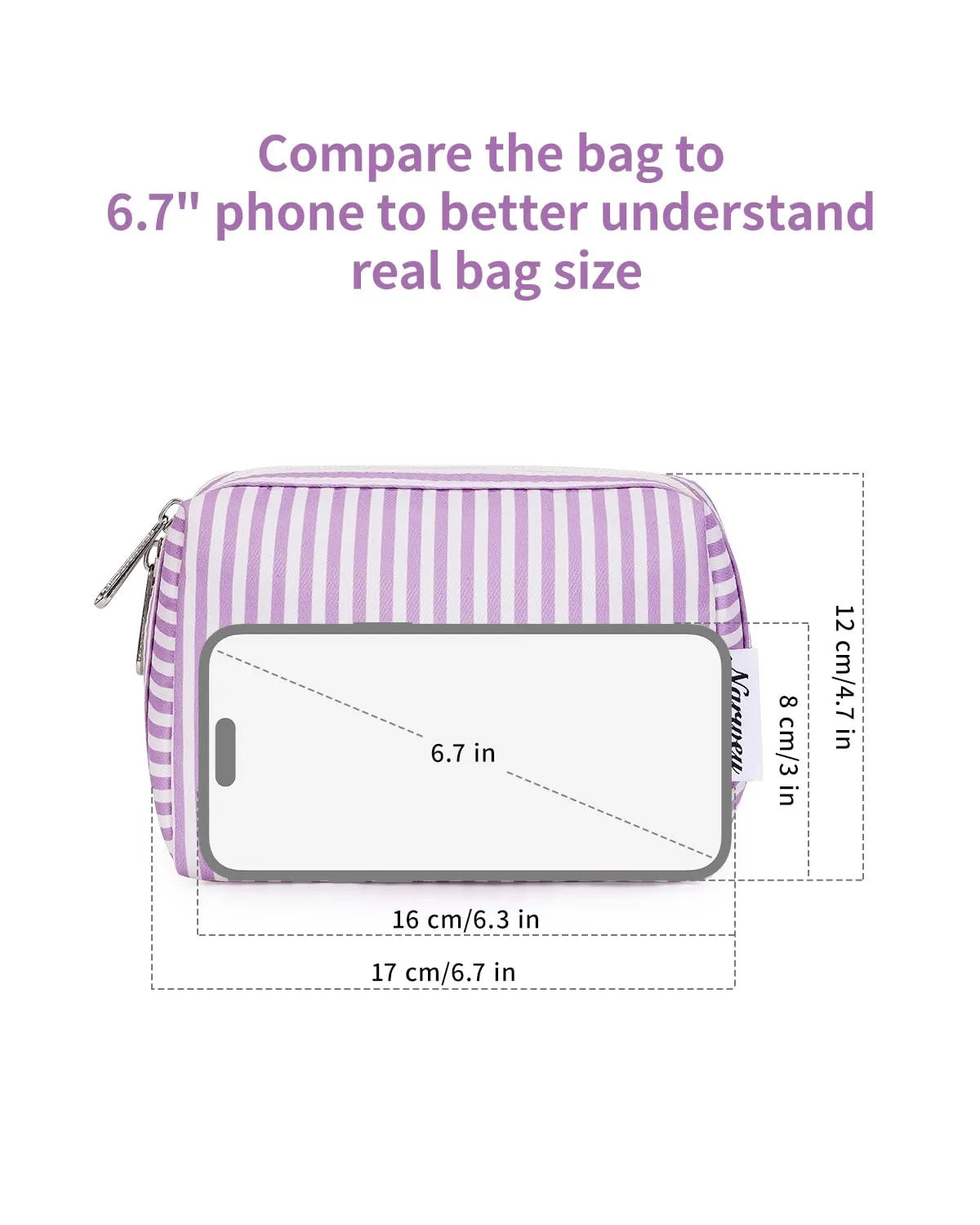 Narwey Small Striped Makeup Bag for Purse Mini Cosmetic Bag Travel Makeup Pouch Zipper Pouch Cute Make up Bags with Compartments for Women Girls (Purple Stripe, Small)