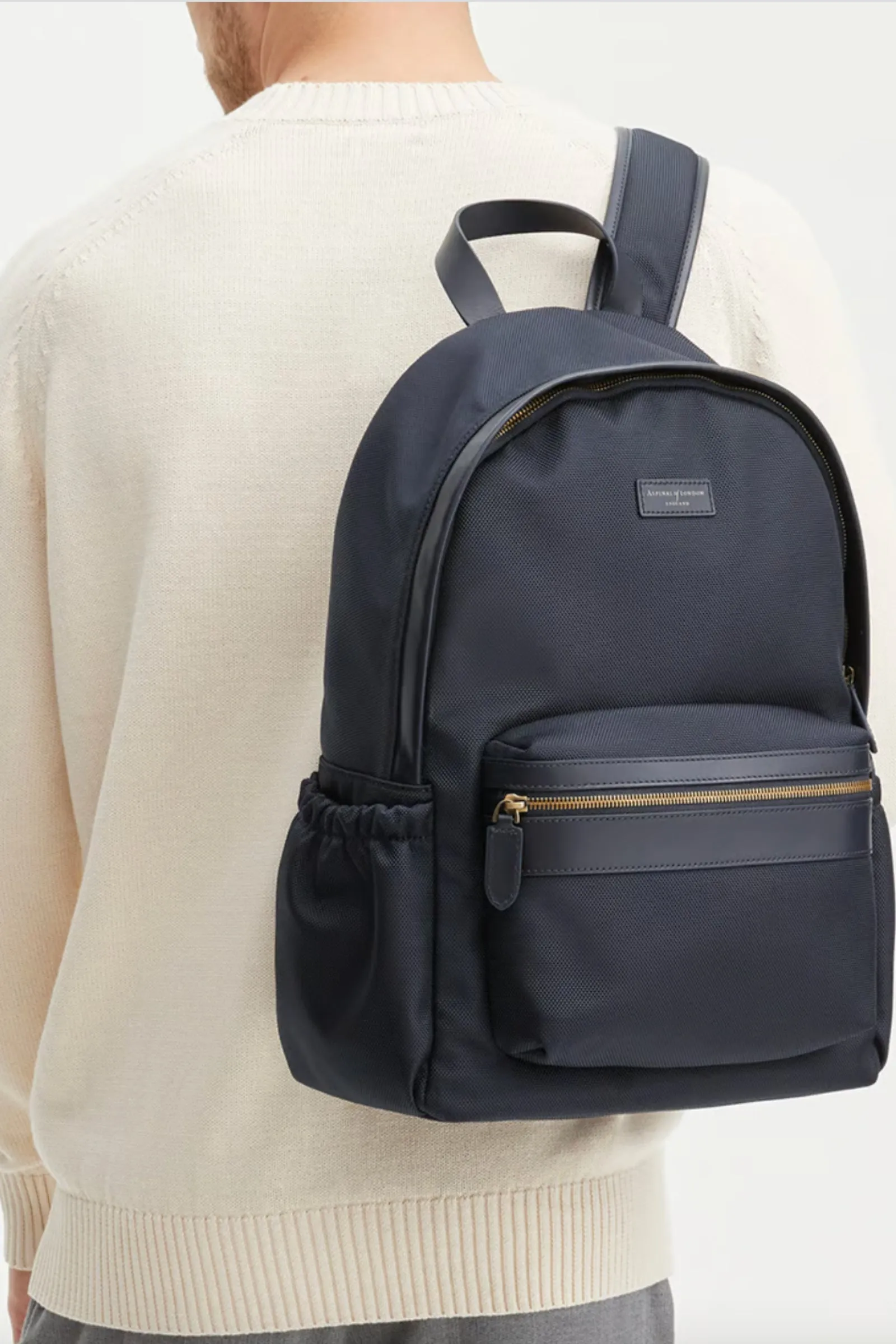 Navy Leather-Trim Nylon Canvas Men's Backpack