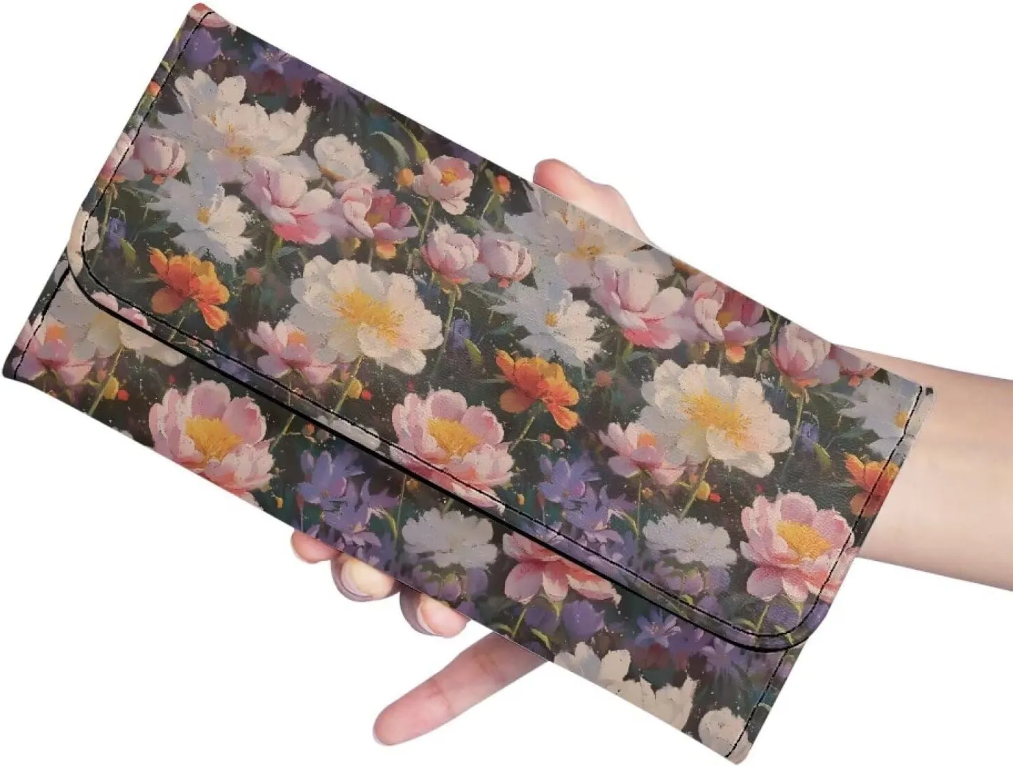 Oil Painting Flowers Trifold Long Wallet for Women Vegan PU Leather Slim Money Manager, Peony Flower Blossom Credit Card Holder Zipper Wallet Clutch Organizer