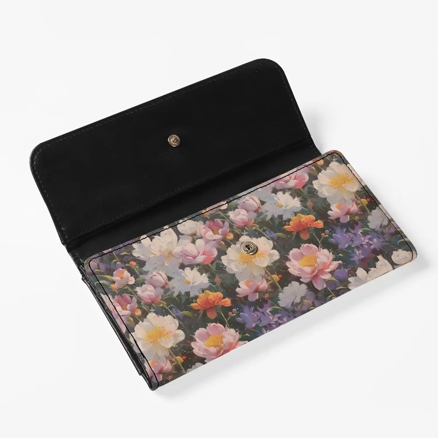 Oil Painting Flowers Trifold Long Wallet for Women Vegan PU Leather Slim Money Manager, Peony Flower Blossom Credit Card Holder Zipper Wallet Clutch Organizer