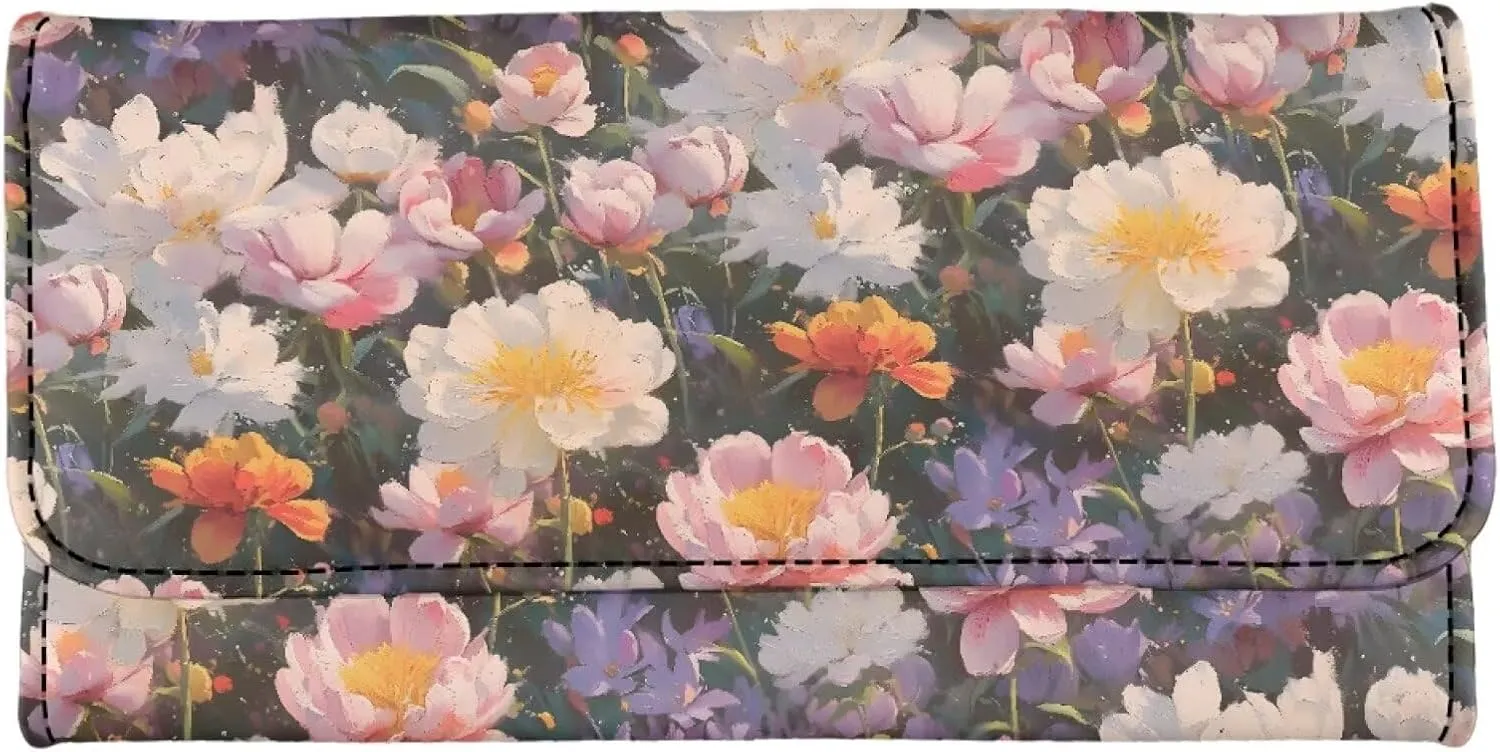 Oil Painting Flowers Trifold Long Wallet for Women Vegan PU Leather Slim Money Manager, Peony Flower Blossom Credit Card Holder Zipper Wallet Clutch Organizer