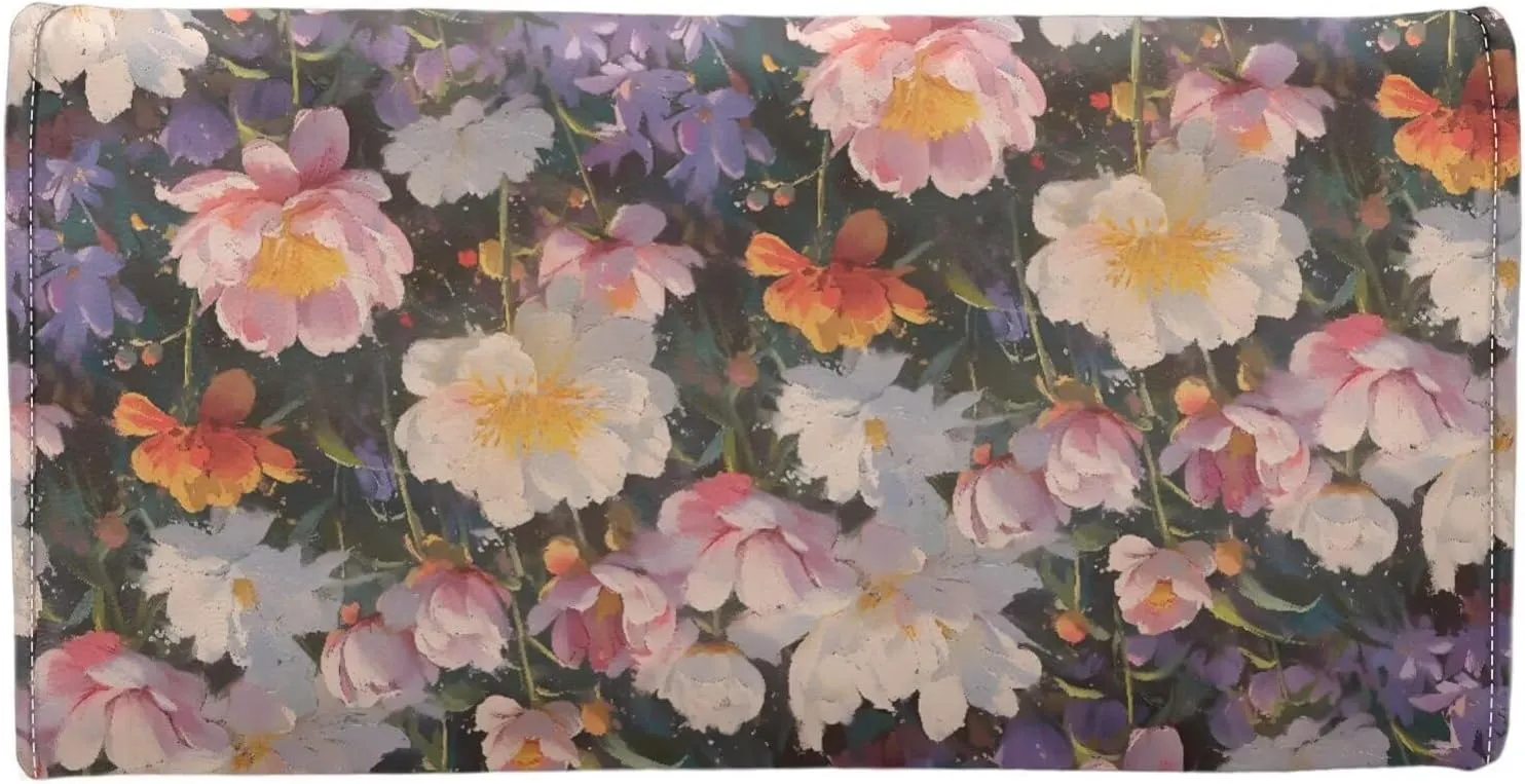 Oil Painting Flowers Trifold Long Wallet for Women Vegan PU Leather Slim Money Manager, Peony Flower Blossom Credit Card Holder Zipper Wallet Clutch Organizer