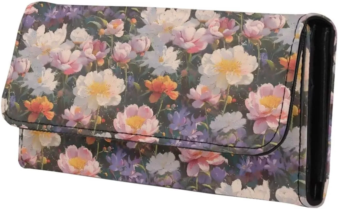 Oil Painting Flowers Trifold Long Wallet for Women Vegan PU Leather Slim Money Manager, Peony Flower Blossom Credit Card Holder Zipper Wallet Clutch Organizer
