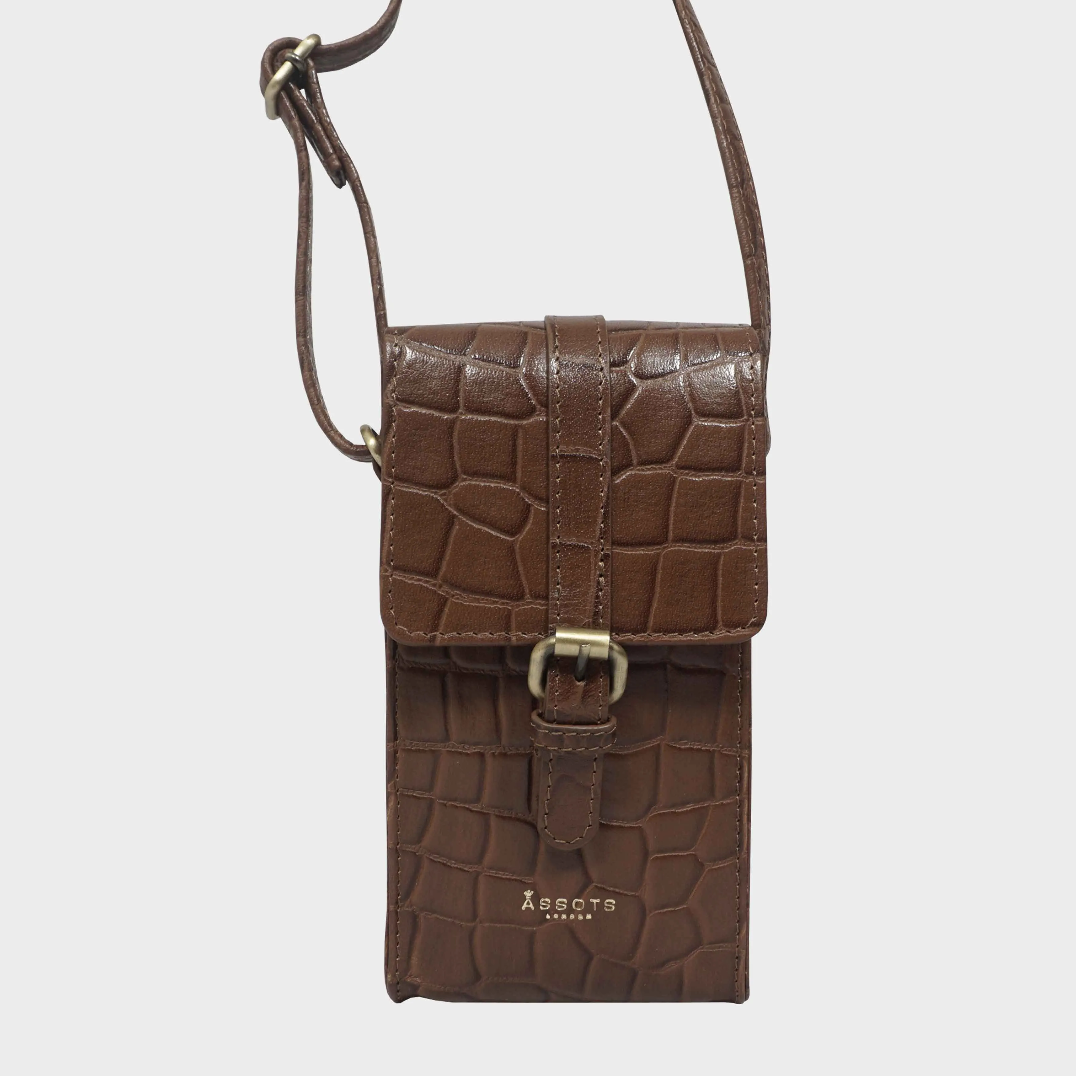 'PETRA' Tan Croc Real Leather Mobile Phone Crossbody Bag
