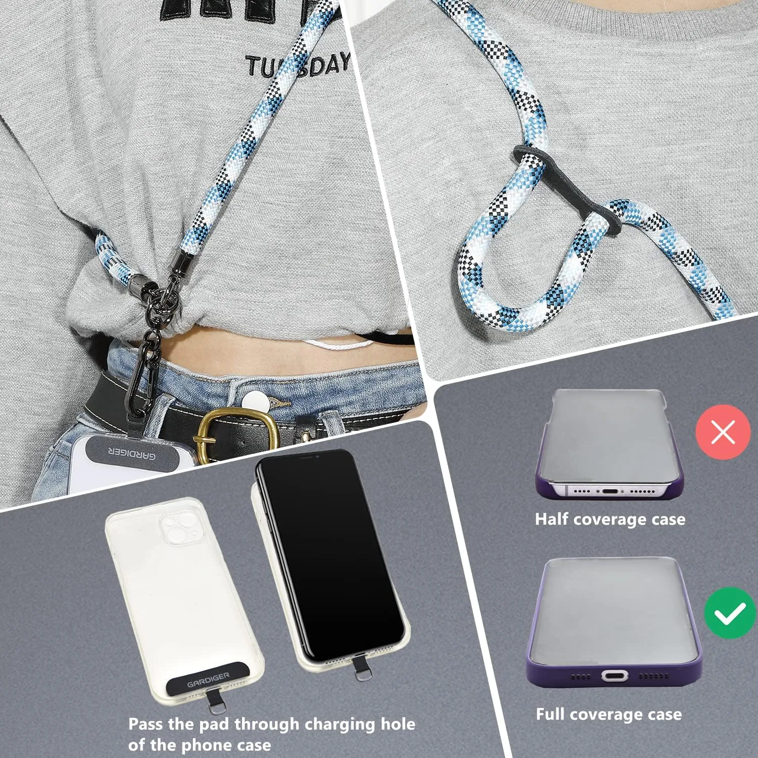 Phone Lanyard, Phone Strap, Wrist Lanyard, Nylon Adjustable Shoulder Neck & Crossbody Lanyard with Phone Patch, Universal Cell Phone Lanyard for Travel, Climbing