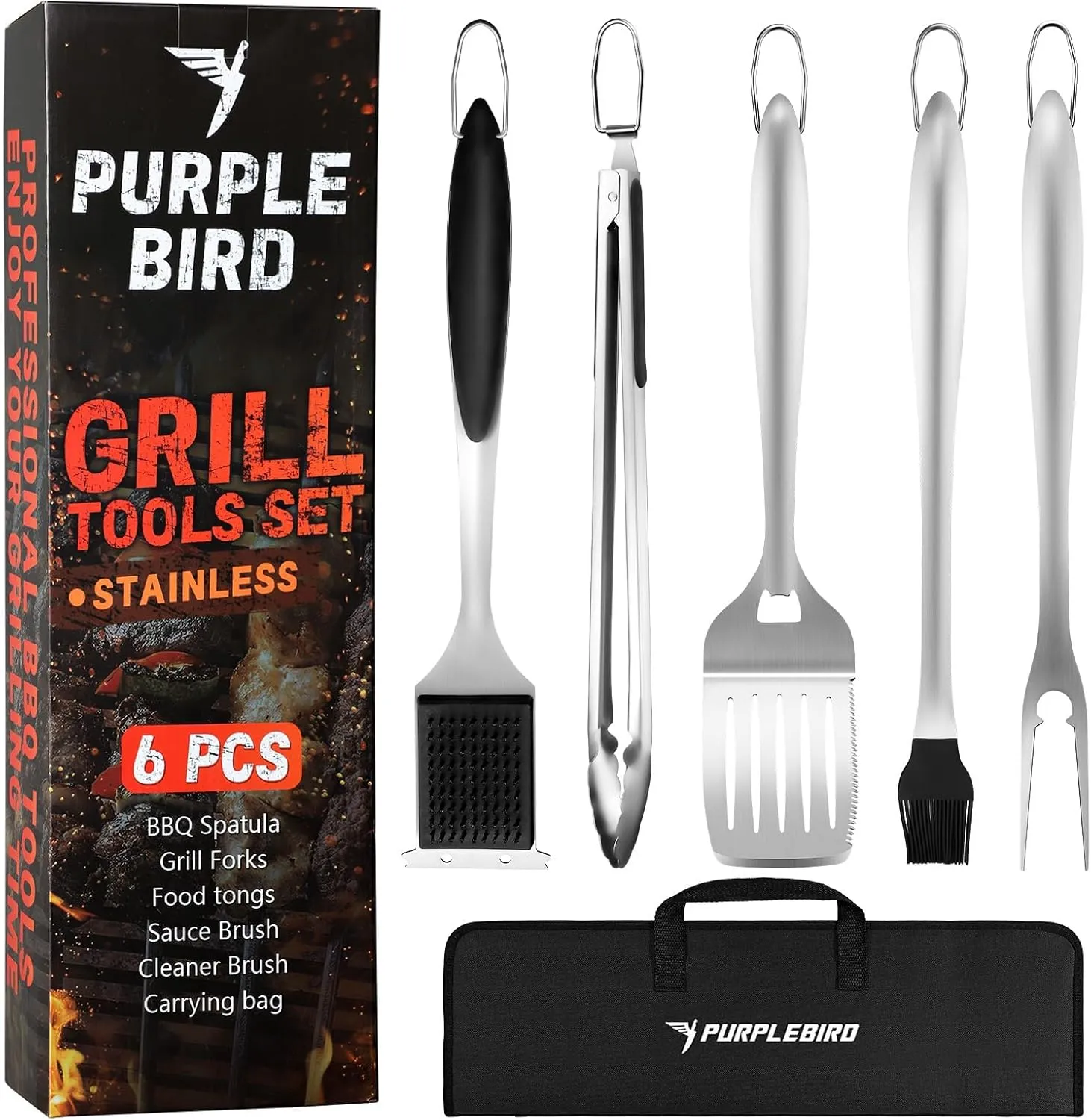 PURPLEBIRD Grill Set for Outdoor Grill 6 pcs - Heavy Duty Grilling Tools Set with Extra Long Handle, Stainless Grilling Accessories for Dad Gifts with Travel Bag, BBQ Utensils Kit for Outdoor Camping