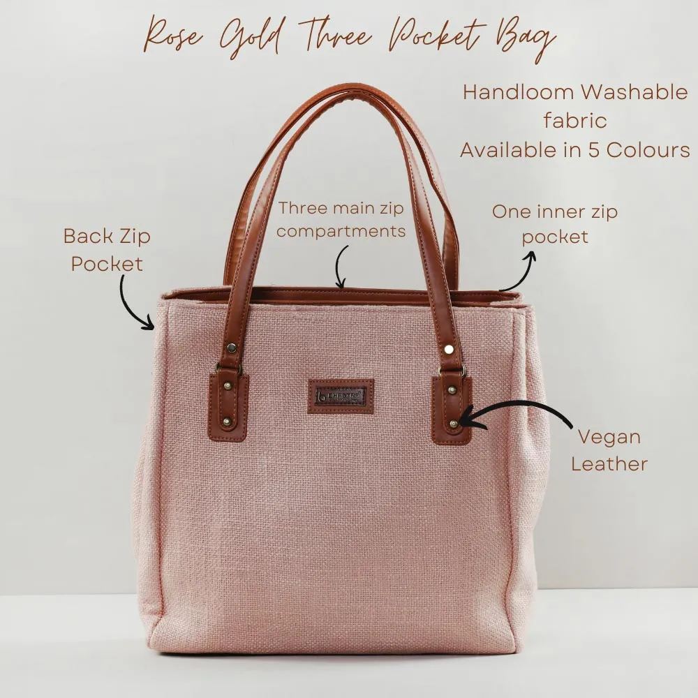 Rose gold three pocket tote bag