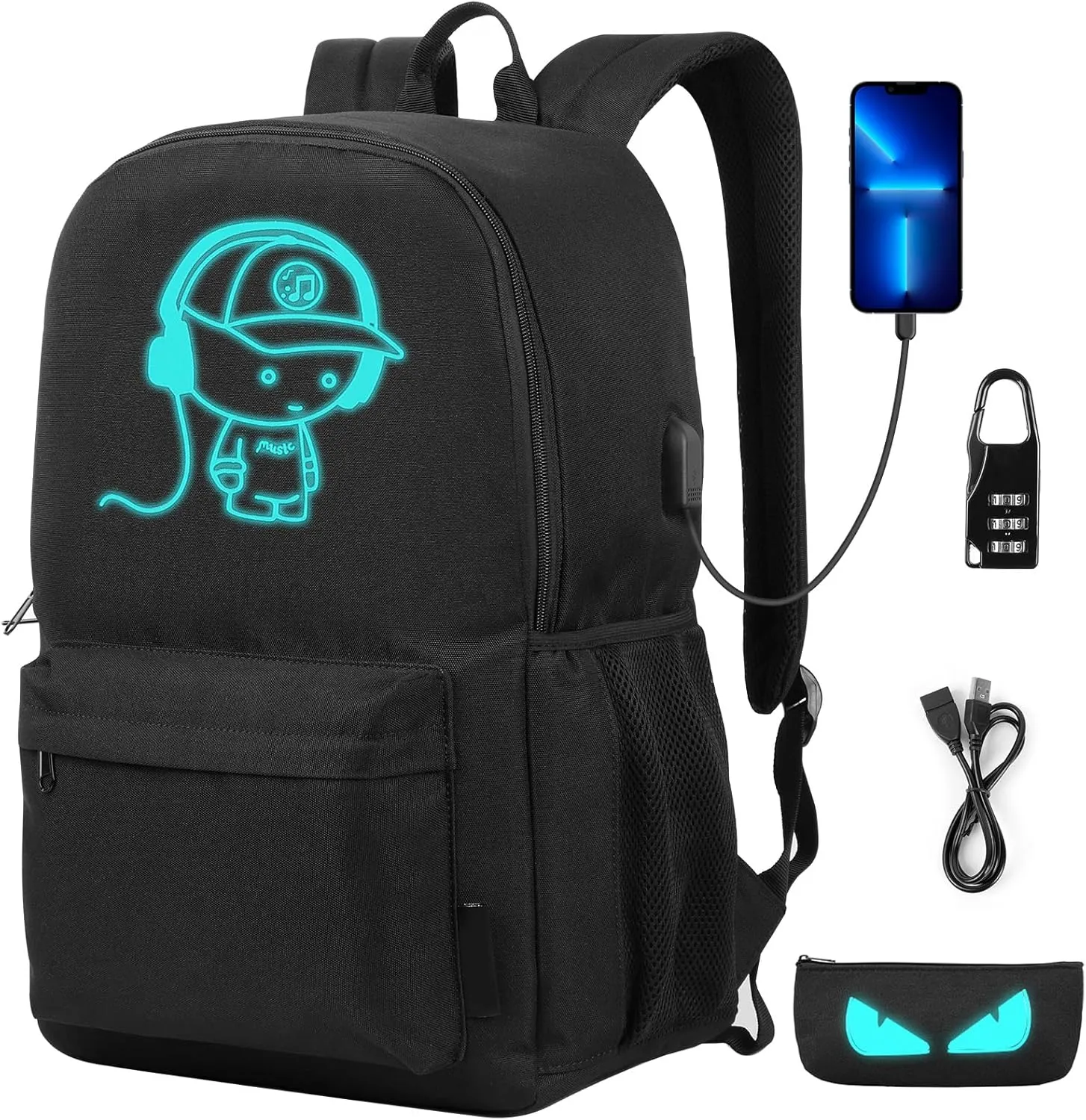 SAMIT Anime Luminous Backpack with USB Charging Port & Anti Theft Lock &Pencil Case Daypack Laptop Backpack