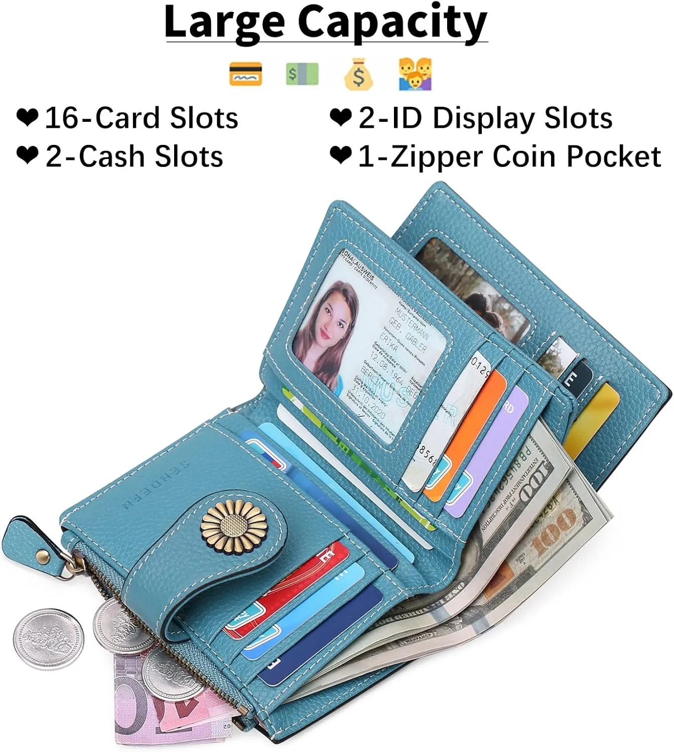 SENDEFN Small Womens Wallet Leather Bifold Card Holder RFID Blocking with Zipper Coin Pocket