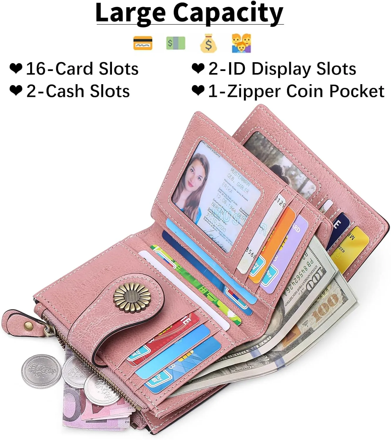 SENDEFN Small Womens Wallet Leather Bifold Card Holder RFID Blocking with Zipper Coin Pocket