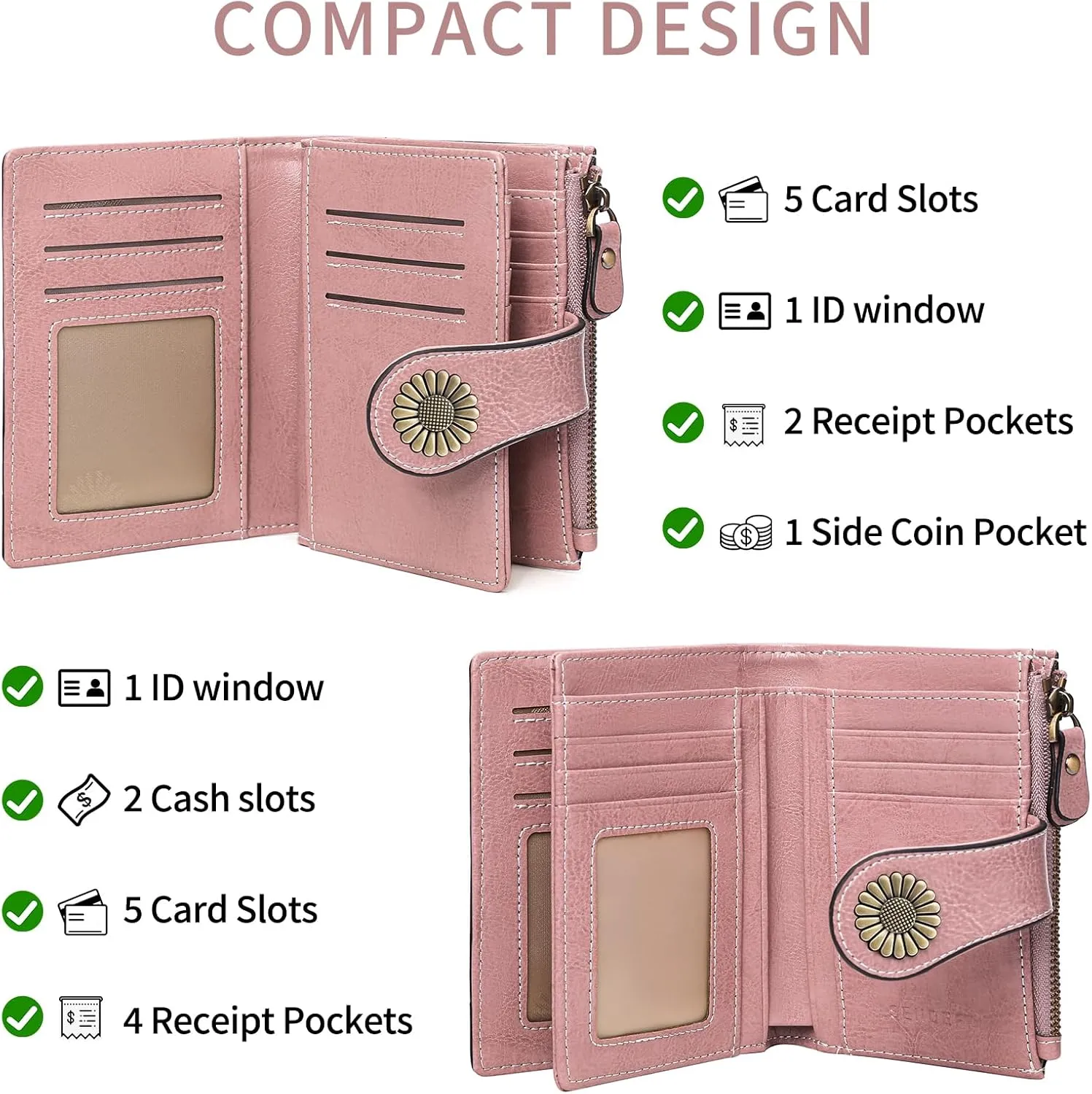 SENDEFN Small Womens Wallet Leather Bifold Card Holder RFID Blocking with Zipper Coin Pocket