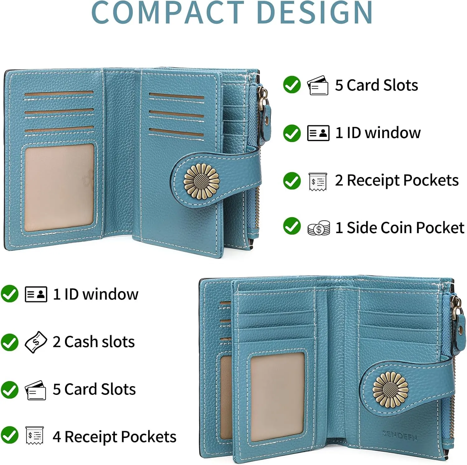 SENDEFN Small Womens Wallet Leather Bifold Card Holder RFID Blocking with Zipper Coin Pocket