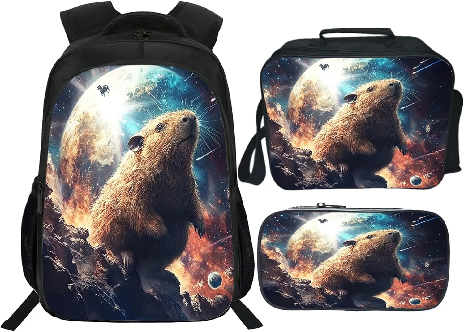 Space Capybara Backpack 3 PCS Set for Boys Girls, Cosmic Adventure School Bag with Lunch Box Pencil Case, Large Capacity for Elementary Middle School