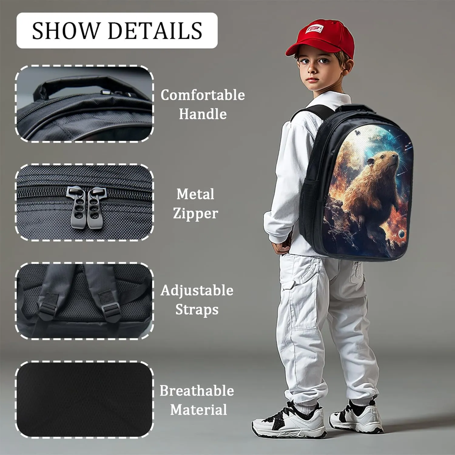 Space Capybara Backpack 3 PCS Set for Boys Girls, Cosmic Adventure School Bag with Lunch Box Pencil Case, Large Capacity for Elementary Middle School