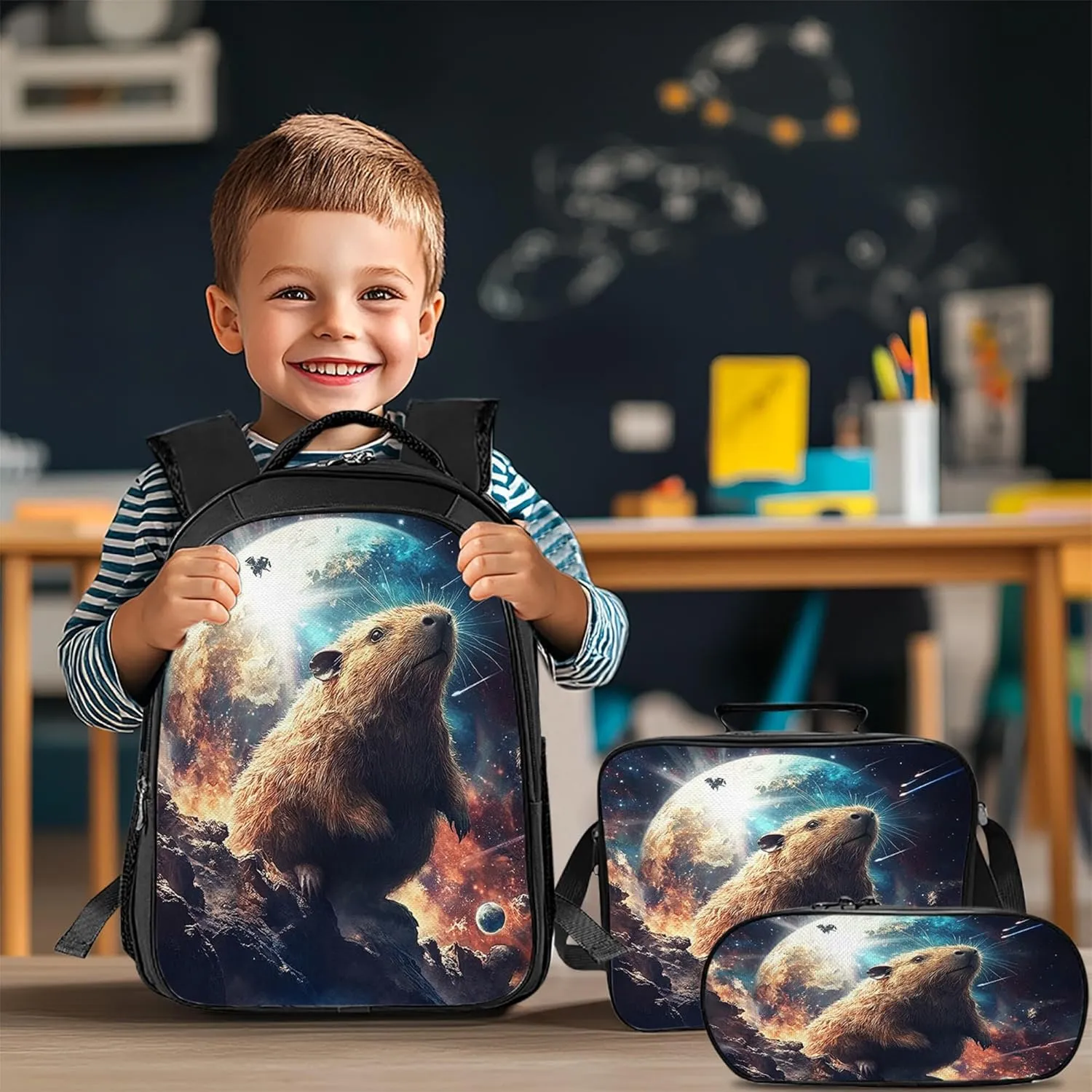 Space Capybara Backpack 3 PCS Set for Boys Girls, Cosmic Adventure School Bag with Lunch Box Pencil Case, Large Capacity for Elementary Middle School