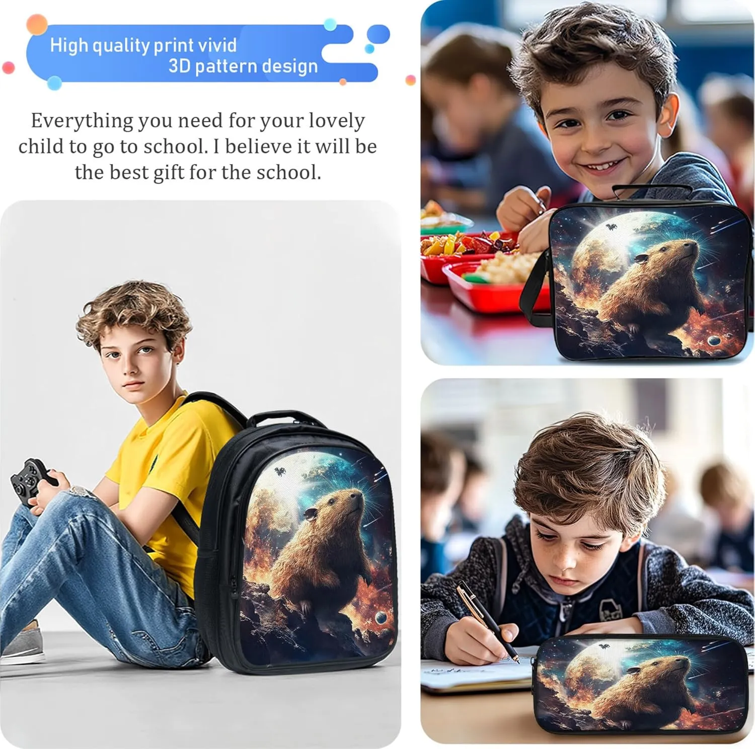 Space Capybara Backpack 3 PCS Set for Boys Girls, Cosmic Adventure School Bag with Lunch Box Pencil Case, Large Capacity for Elementary Middle School