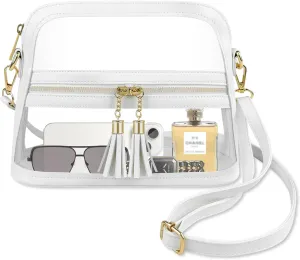 Stadium Approved Leather Crossbody with Tassel, Clear Purses for Concert, Sport Event, Game Day