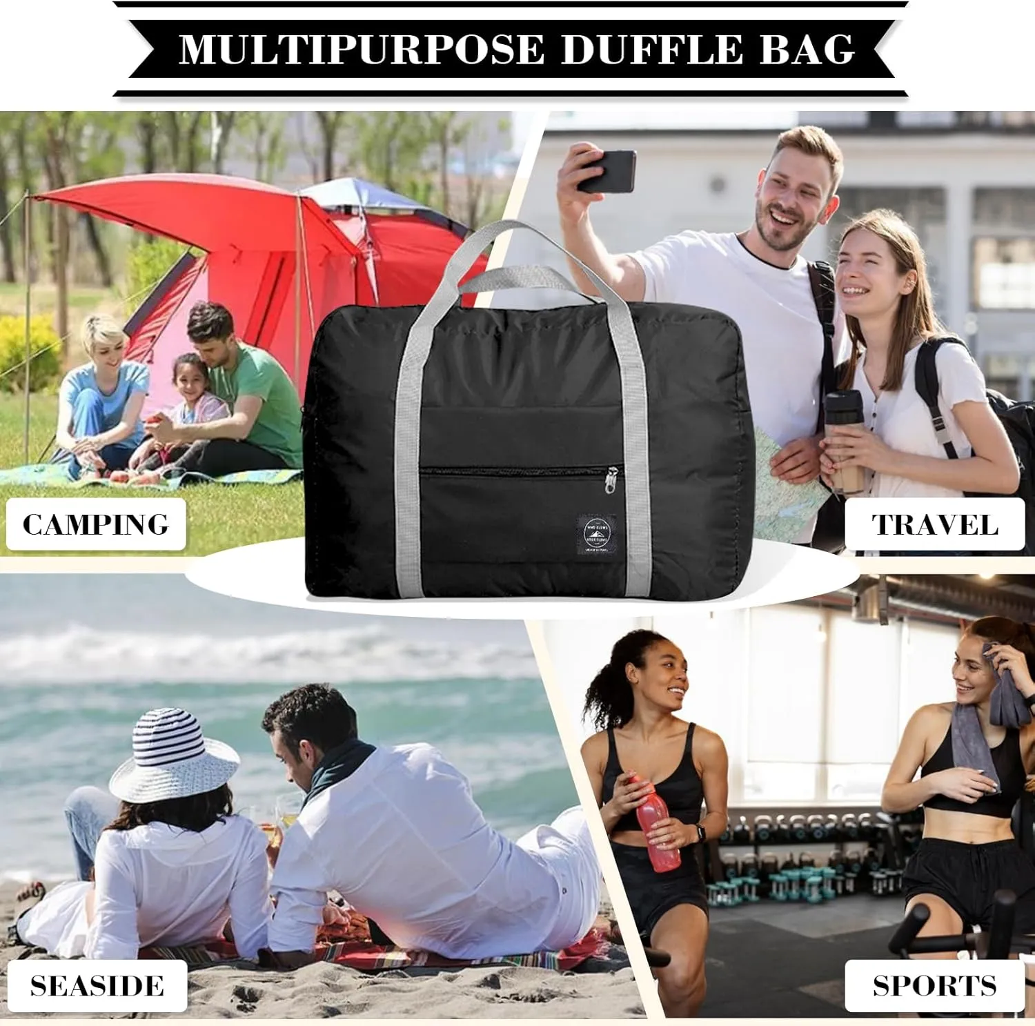 Travel Bag 12 PCS Carry on Luggage Foldable Duffel Bag Sports Gym Bag Weekender Overnight Bag Water Resistant Nylon Travel Duffel for Men Women (Black 12 PCS)