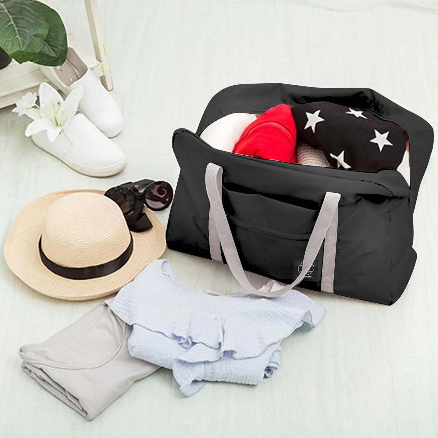 Travel Bag 12 PCS Carry on Luggage Foldable Duffel Bag Sports Gym Bag Weekender Overnight Bag Water Resistant Nylon Travel Duffel for Men Women (Black 12 PCS)