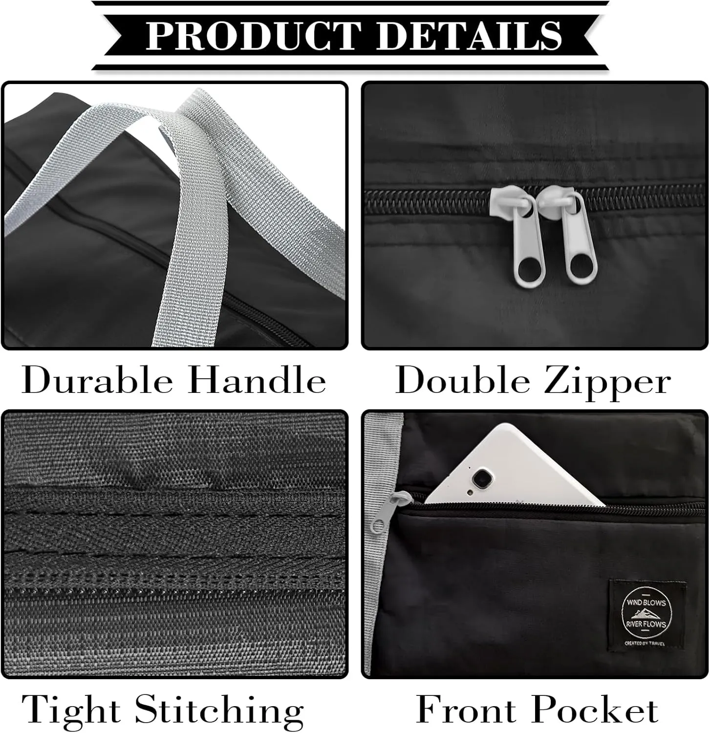 Travel Bag Carry on Luggage Foldable Duffel Bag Sports Gym Bag Weekender Overnight Bag Water Resistant Nylon Travel Duffel for Men Women (Black 24PCS)