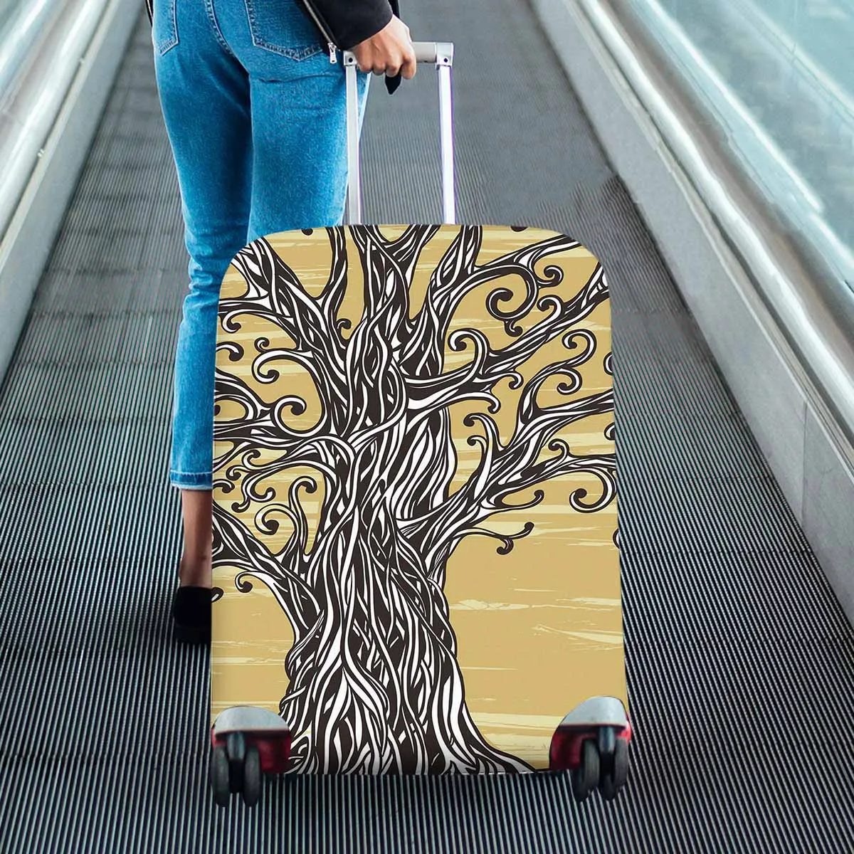 Tree Mountains themed Cover for Luggage suitcase printed Old graphic tree with twisted roots on a brown background