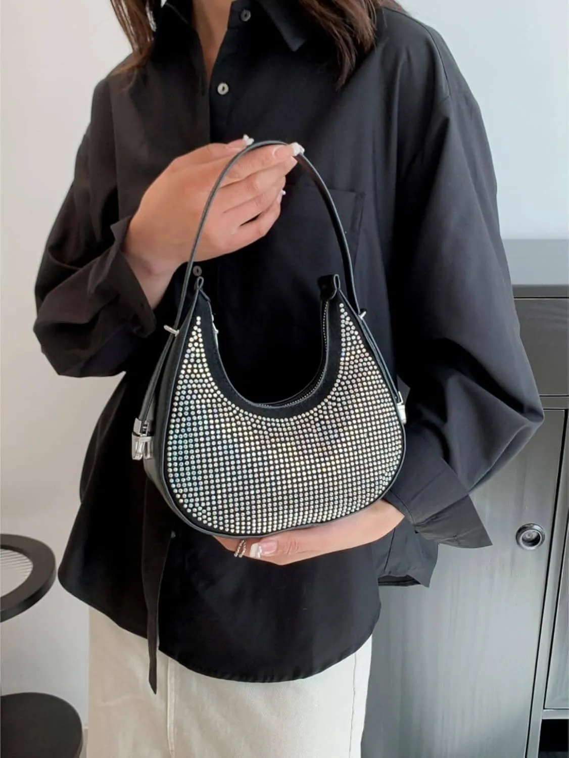 Verdusa Women's Rhinestone Hobo Shoulder Bag Leather Clutch Handbag Purses