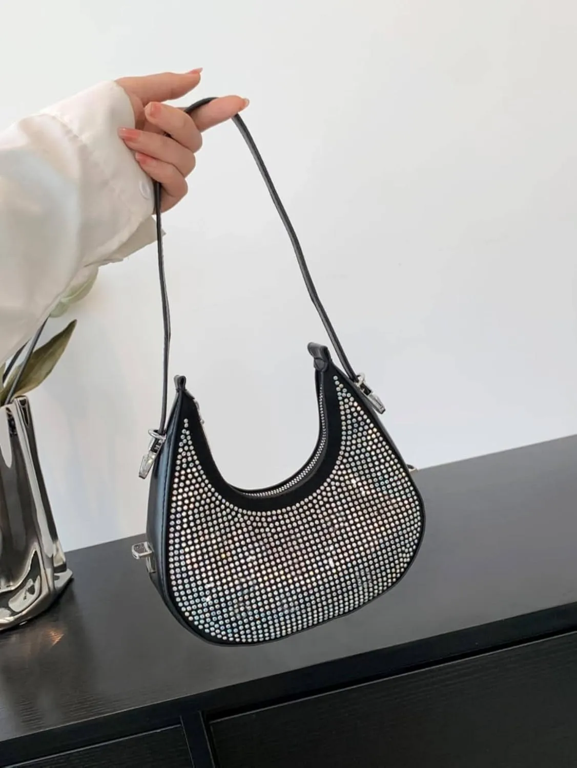 Verdusa Women's Rhinestone Hobo Shoulder Bag Leather Clutch Handbag Purses