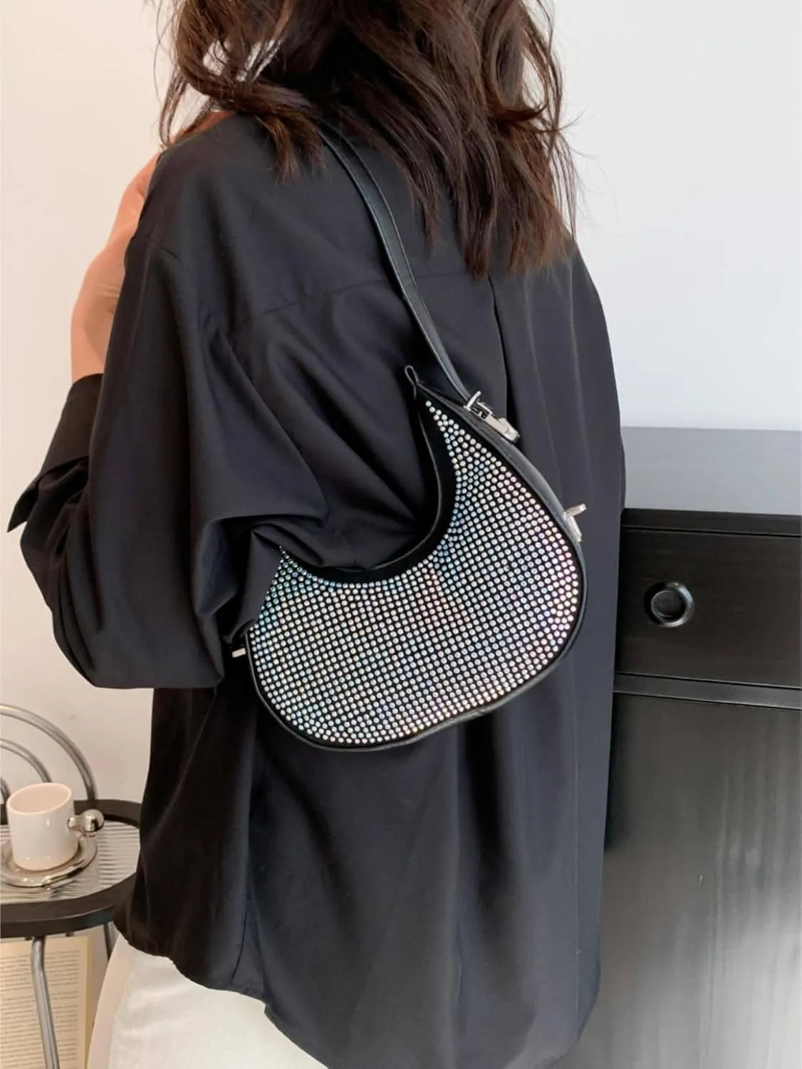 Verdusa Women's Rhinestone Hobo Shoulder Bag Leather Clutch Handbag Purses