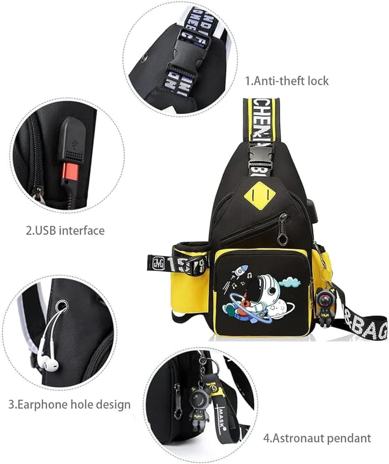Water-Resistant Crossbody Sling Bag for Men Astronaut Casual Chest Shoulder Daypack Hiking Travel Backpack for 12.9 Inch Ipad (Yellow3)