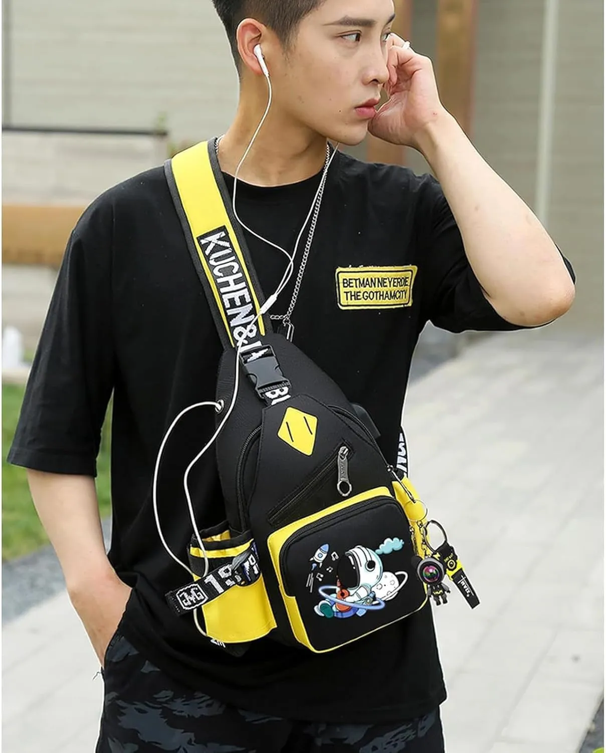 Water-Resistant Crossbody Sling Bag for Men Astronaut Casual Chest Shoulder Daypack Hiking Travel Backpack for 12.9 Inch Ipad (Yellow3)