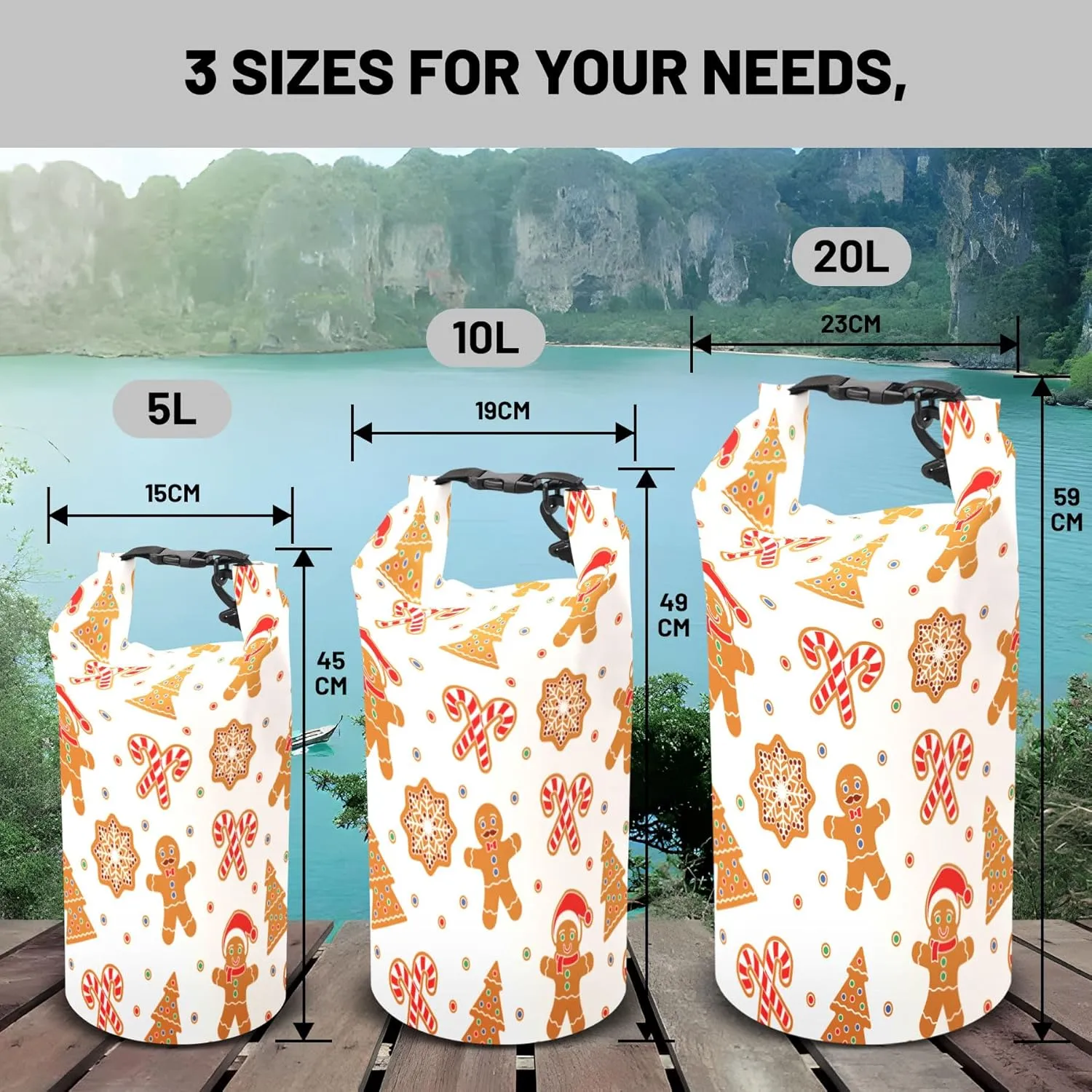 Waterproof Dry Bag,Roll Top Christmas Gingerbread Man Winter Small Waterproof Backpack 5L/10L/20L Floating and Lightweight Bags for Kayaking, Boating, Fishing, Swimming and Camping