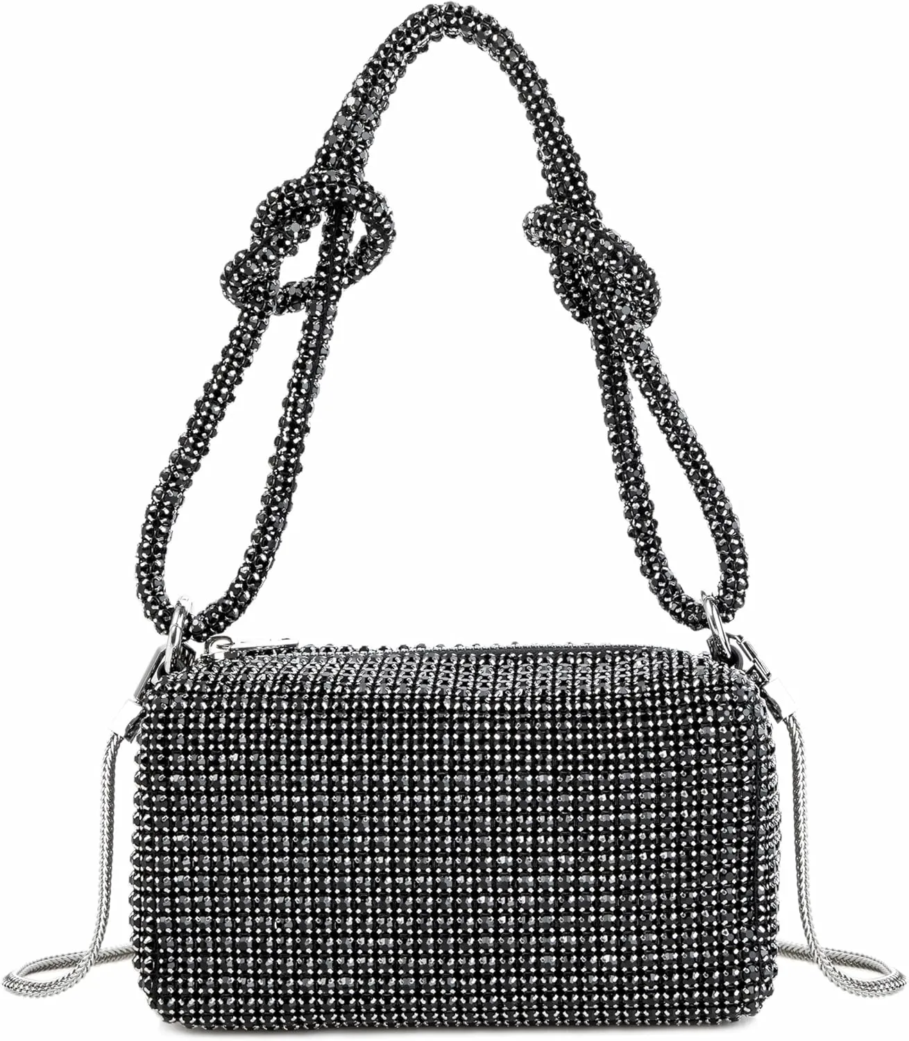 Women Rhinestone Box Bag Knot Handle Evening Clutch Handbag Diamond Purse with Detachable Strap for Wedding Party