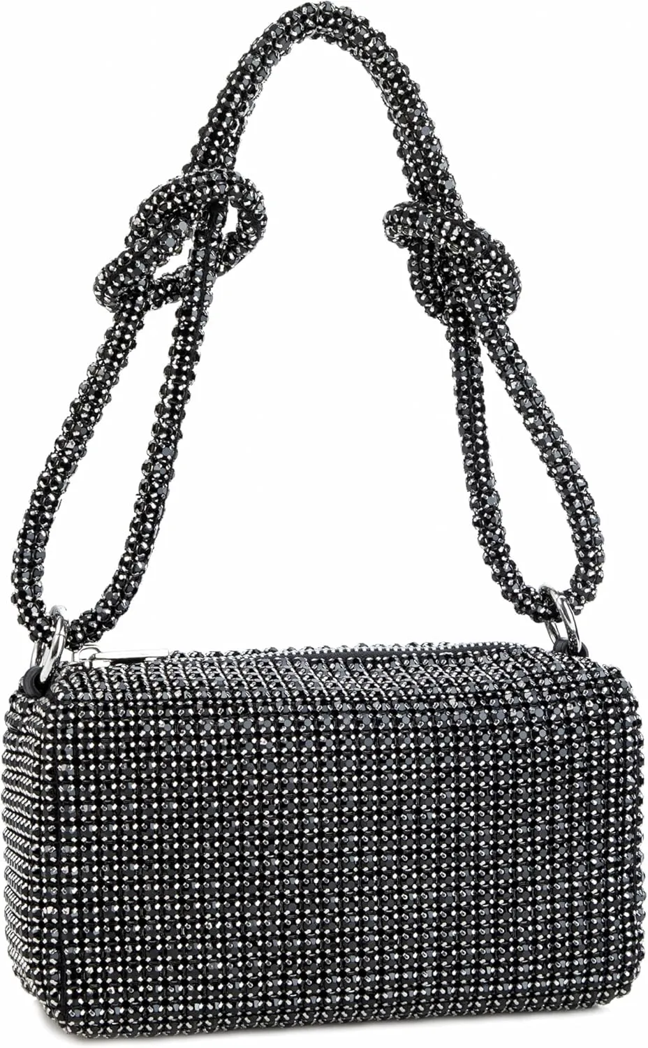 Women Rhinestone Box Bag Knot Handle Evening Clutch Handbag Diamond Purse with Detachable Strap for Wedding Party