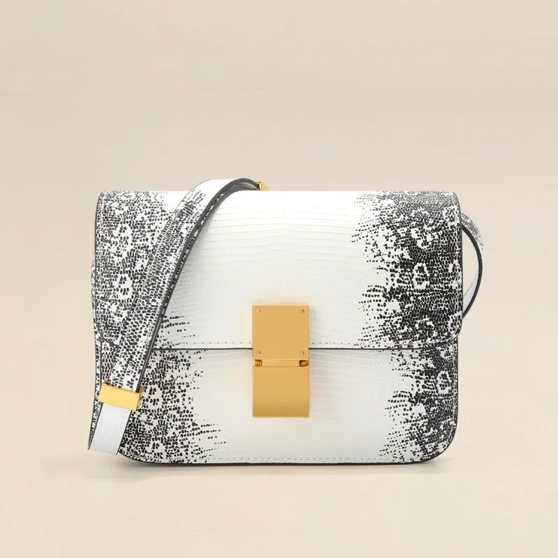 Womens Embossed Lizard Pattern Calfskin Leather Box Bag Himalaya White