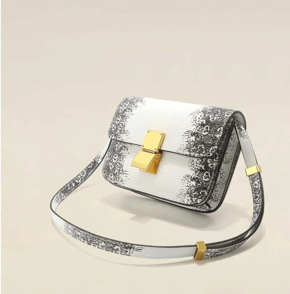Womens Embossed Lizard Pattern Calfskin Leather Box Bag Himalaya White