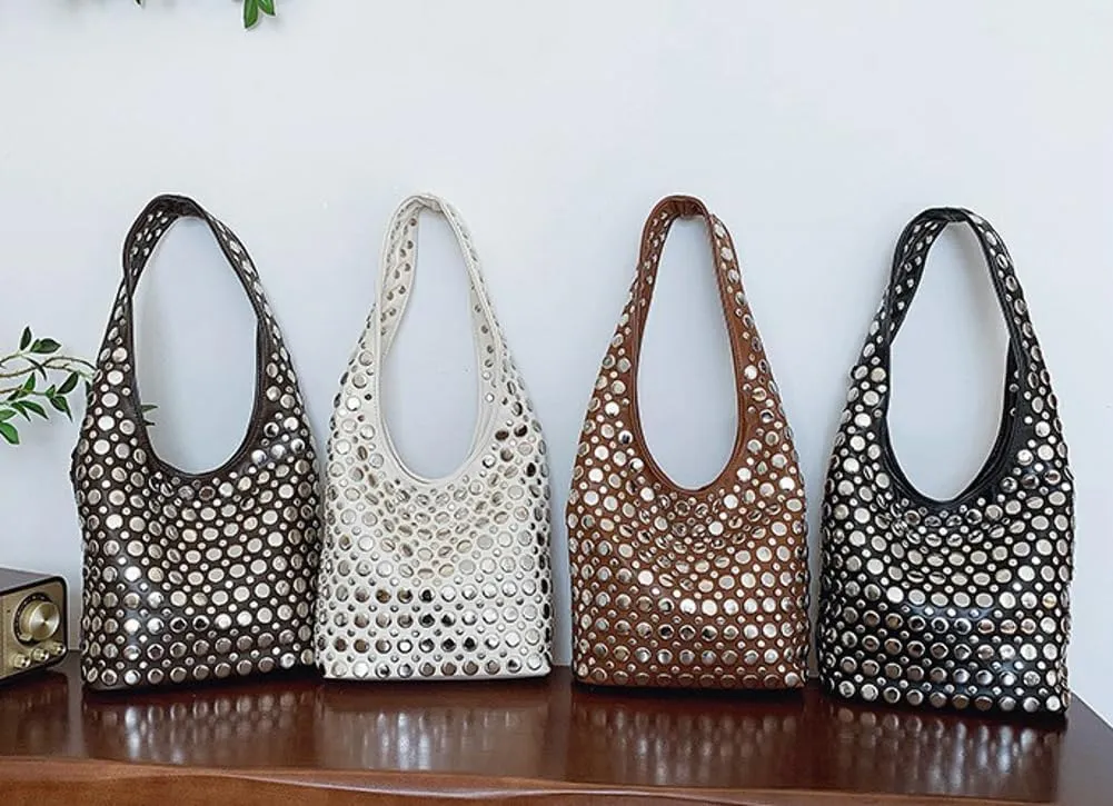 Women's Studded Shoulder Bag Soft PU Leather Y2k 90s Punk Tote Bags Streetwear Underarm Purse Top-handle Hobo Handbag