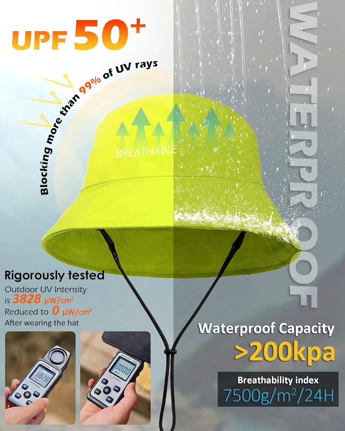 Womens Waterproof Bucket Sun Hat UPF 50  Outdoor Beach Boonie Floppy Rain Hat for Men Fishing Hiking Safari Cap with Strings